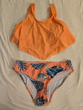Source Unknown Orange and Blue Tropical Kids Swim Bikini